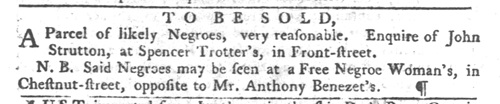 strutton 1751 Philadelphia advertisement by slave merchant John Strutton.